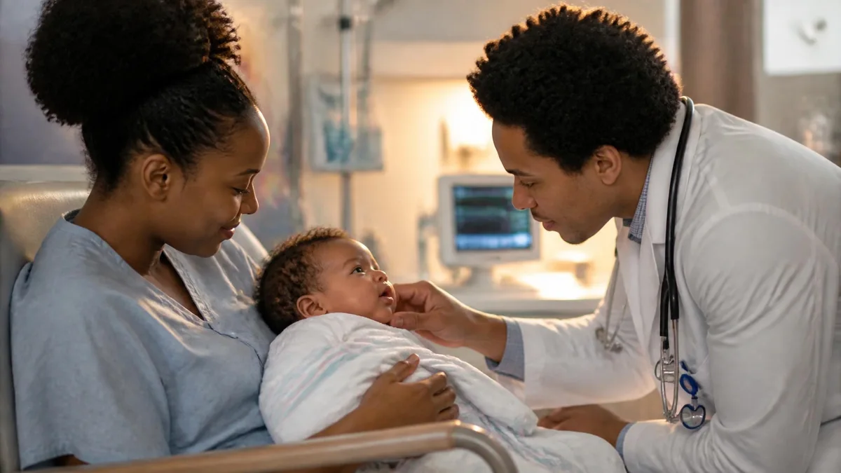 Un pédiatre examine un bébé dans les bras de sa mère dans le cadre d'un suivi pour la séquence de Pierre Robin