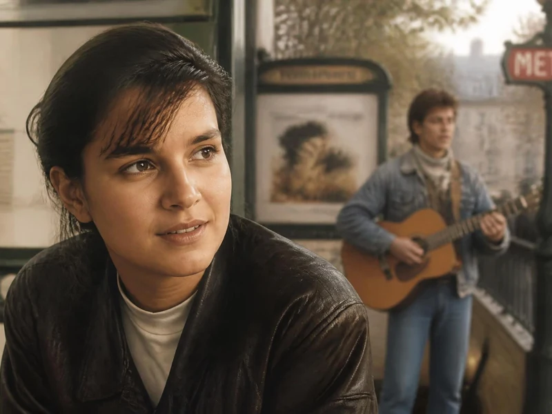 Portrait de la chanteuse Sirima, jeune femme au regard doux, avec un musicien en arrière-plan