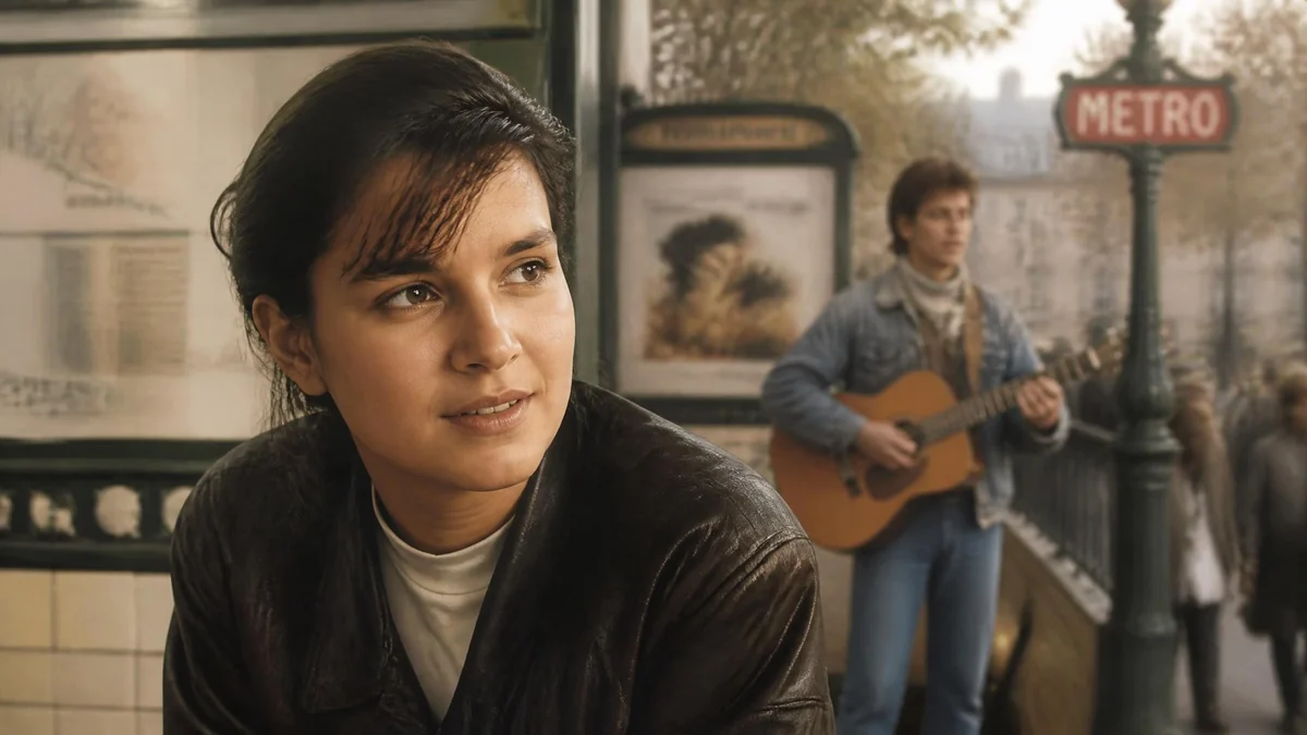 Portrait de la chanteuse Sirima, jeune femme au regard doux, avec un musicien en arrière-plan
