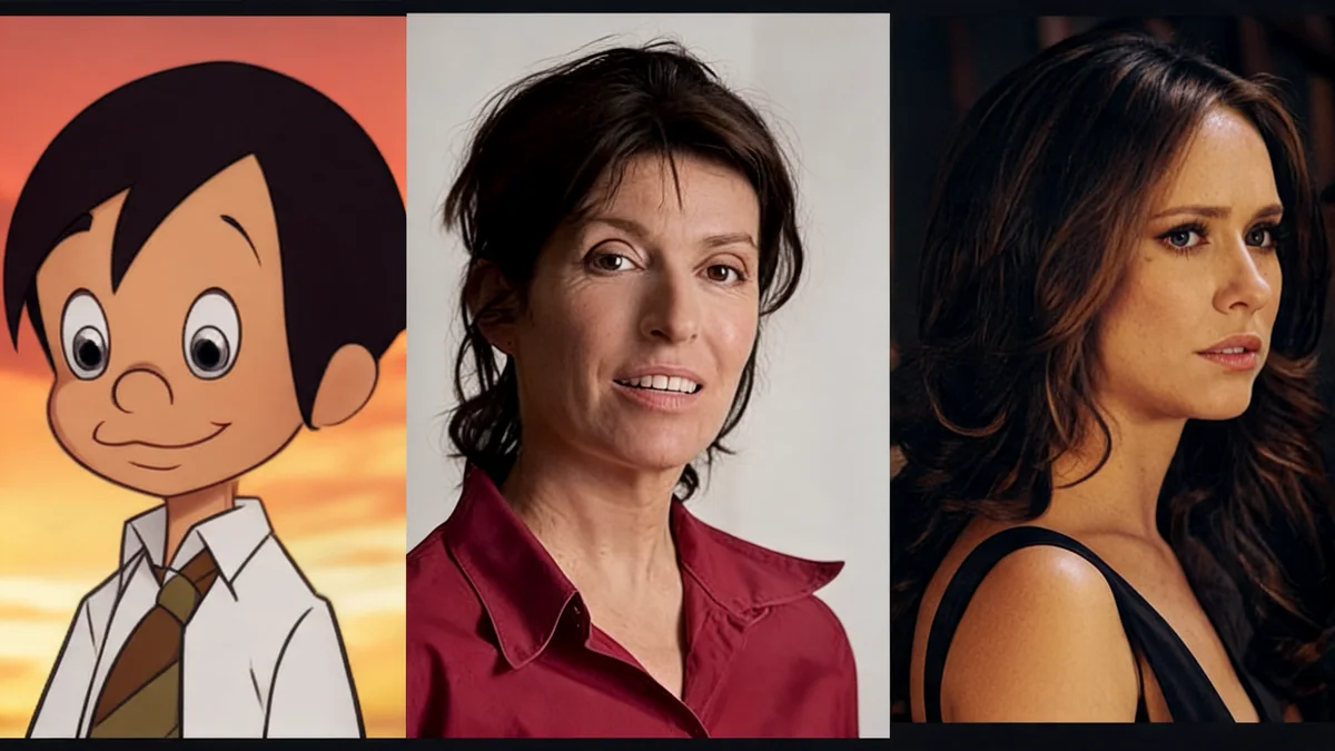 Portrait de la comédienne Sophie Arthuys entourée des personnages et actrices qu'elle a doublés