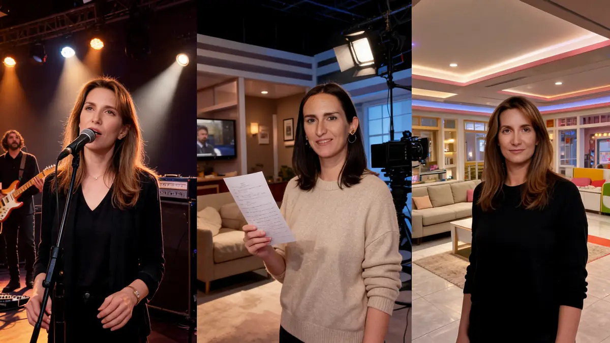 Montage photo montrant Sophie Durand en pleine performance musicale et lors de tournages en studio