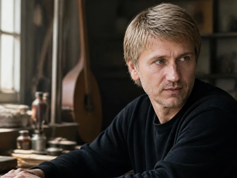 L'acteur Stanislas Merhar posant dans un atelier au décor artisanal et chaleureux