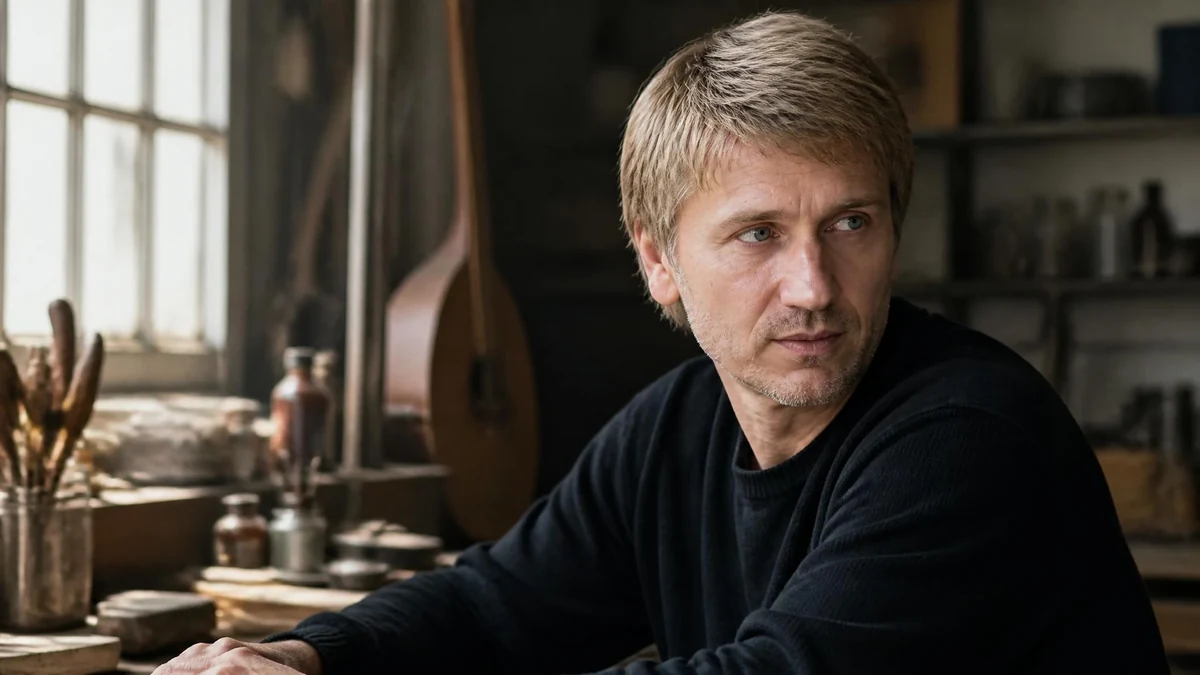 L'acteur Stanislas Merhar posant dans un atelier au décor artisanal et chaleureux