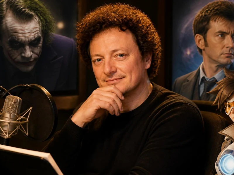 Le comédien Stéphane Ronchewski devant un micro avec des images de personnages qu'il a doublés en arrière-plan