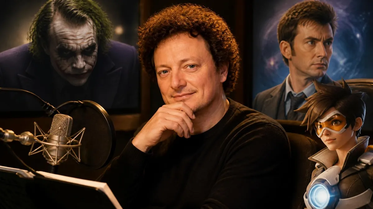 Le comédien Stéphane Ronchewski devant un micro avec des images de personnages qu'il a doublés en arrière-plan