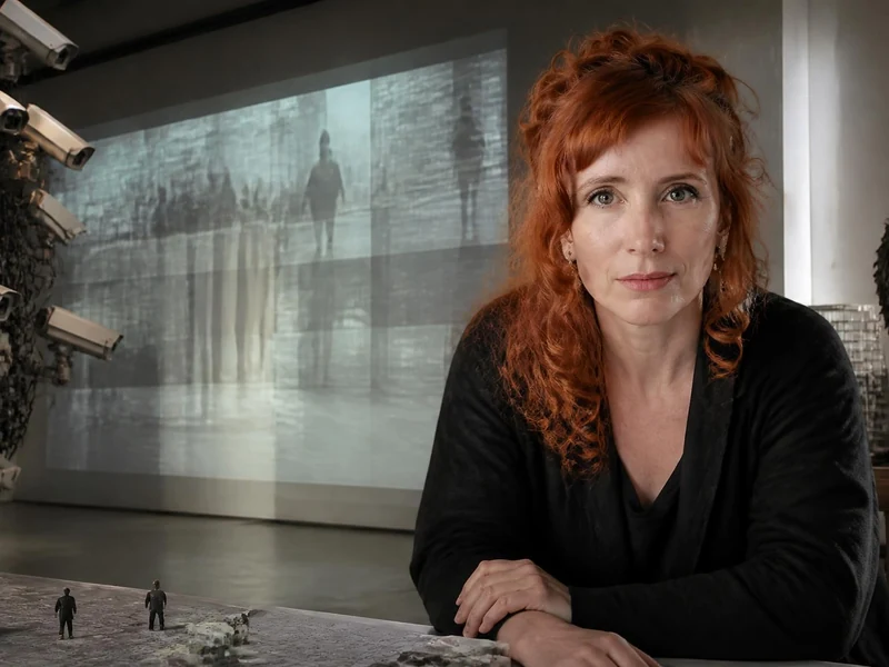 Portrait de l'artiste Stéphanie Lagarde devant une installation vidéo et des sculptures de caméras de surveillance