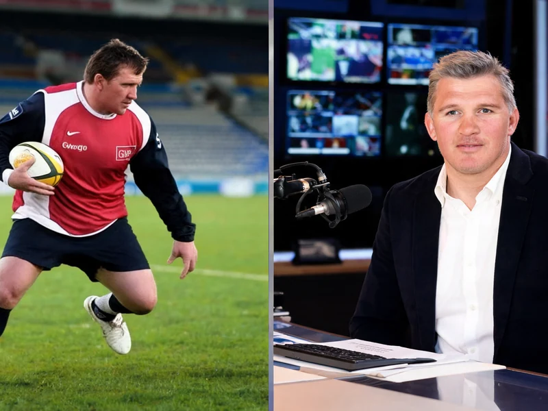 Un montage montrant Sylvain Marconnet sur un terrain de rugby puis reconverti en consultant dans un studio de télévision