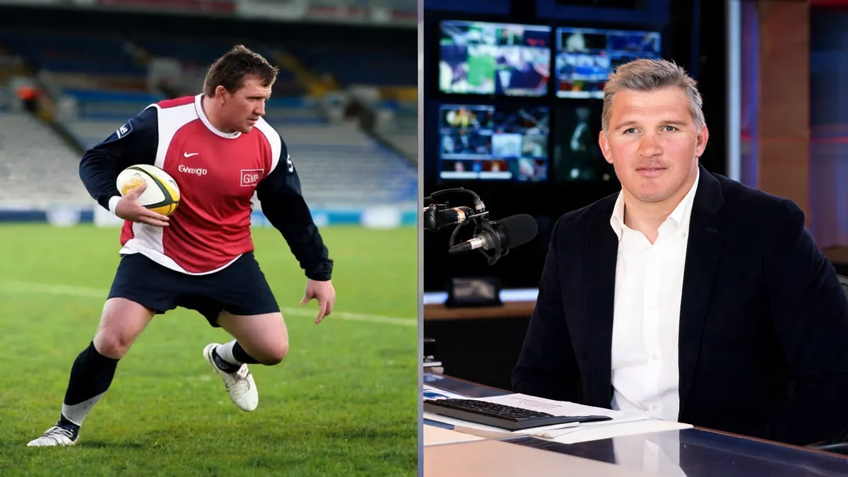 Un montage montrant Sylvain Marconnet sur un terrain de rugby puis reconverti en consultant dans un studio de télévision