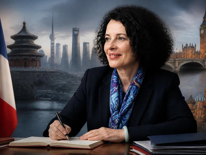 Portrait de la diplomate Sylvie Bermann devant un arrière-plan symbolisant ses postes internationaux et les drapeaux officiels