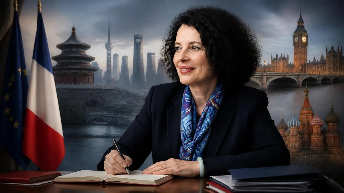 Portrait de la diplomate Sylvie Bermann devant un arrière-plan symbolisant ses postes internationaux et les drapeaux officiels