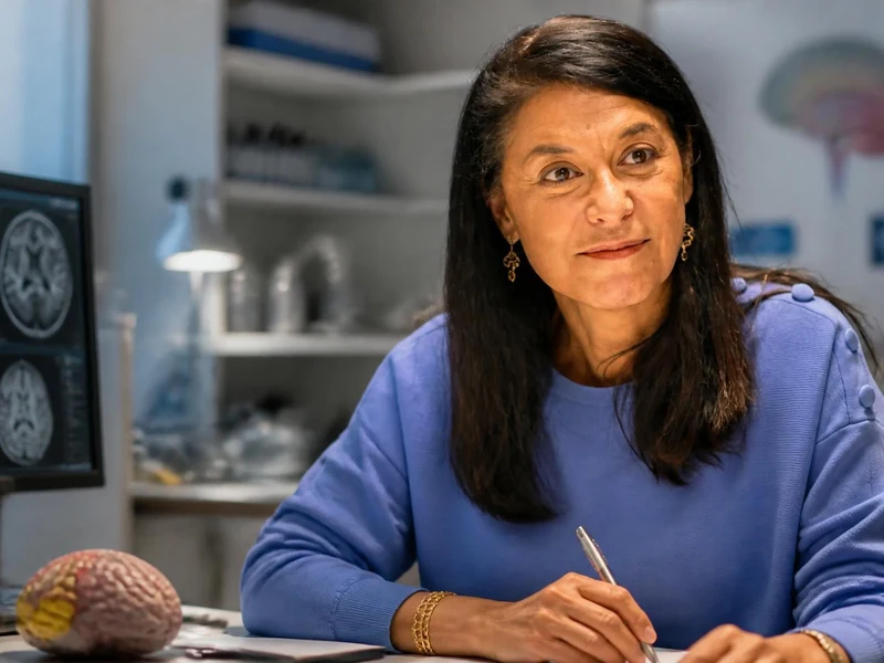 Sylvie Chokron travaille dans son bureau entourée d'imagerie cérébrale et d'un modèle anatomique du cerveau