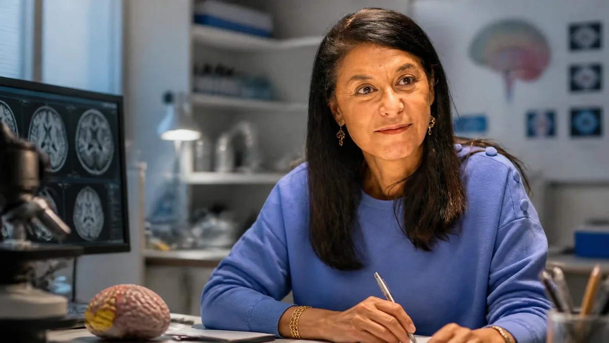 Sylvie Chokron travaille dans son bureau entourée d'imagerie cérébrale et d'un modèle anatomique du cerveau