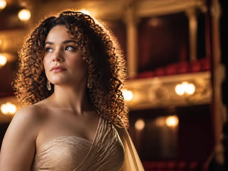 Tamara Bounazou pose avec élégance dans une salle d'opéra aux tons dorés et chaleureux
