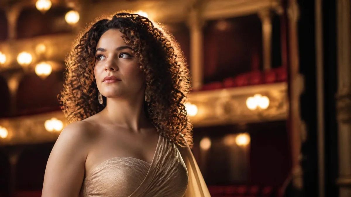 Tamara Bounazou pose avec élégance dans une salle d'opéra aux tons dorés et chaleureux