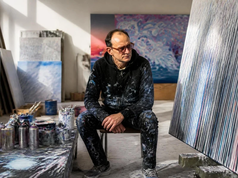 L'artiste tanc est assis dans son atelier entouré de ses toiles abstraites et de bombes de peinture