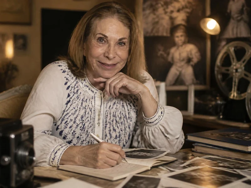 Portrait de Tanya Lopert souriante, assise à son bureau entourée de souvenirs cinématographiques