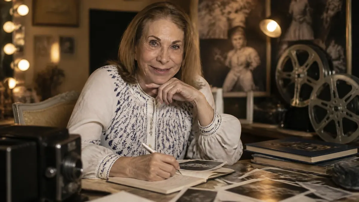 Portrait de Tanya Lopert souriante, assise à son bureau entourée de souvenirs cinématographiques