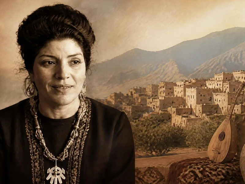 Portrait de l'écrivaine et artiste Taos Amrouche devant un paysage kabyle traditionnel avec des instruments de musique