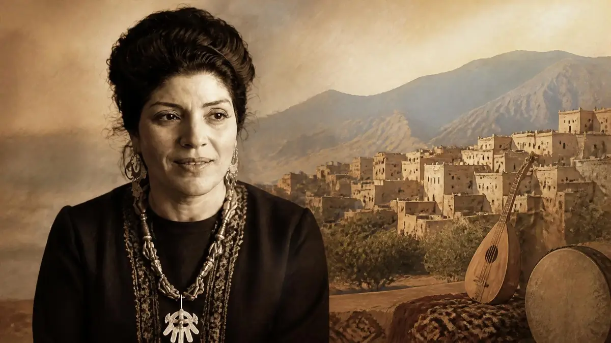 Portrait de l'écrivaine et artiste Taos Amrouche devant un paysage kabyle traditionnel avec des instruments de musique