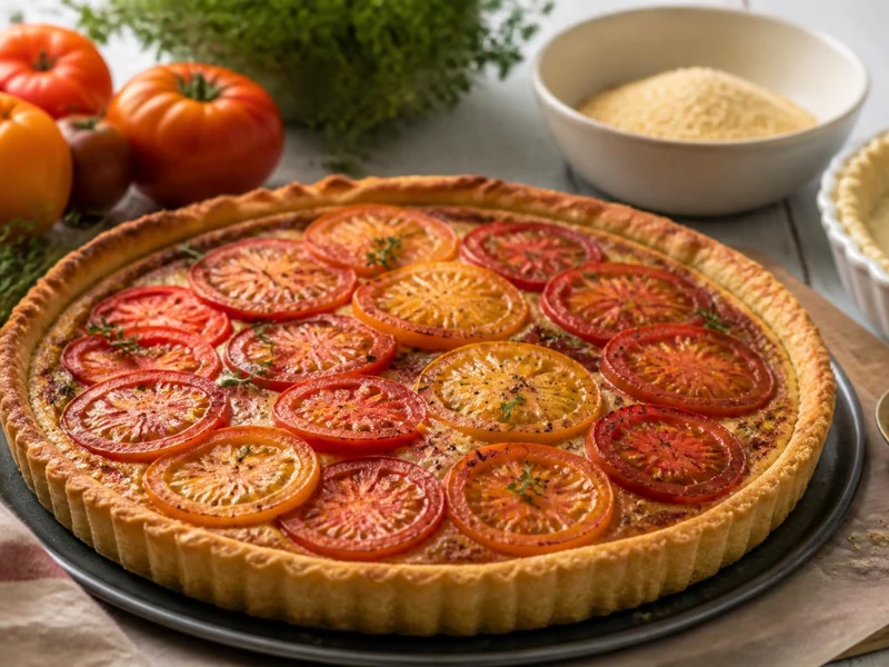 Une part de cuisine maison avec des tartes moutarde tomates entourées de tomates fraîches et d'un fond de pâte