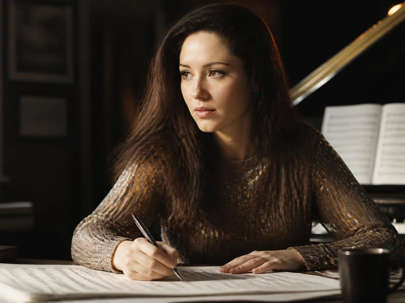 La compositrice et soprano Tatiana Probst écrit une partition musicale devant son piano dans un intérieur lumineux