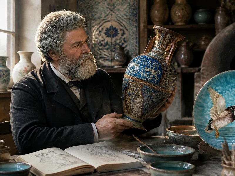 Portrait de Théodore Deck examinant un vase orné dans son atelier rempli de céramiques