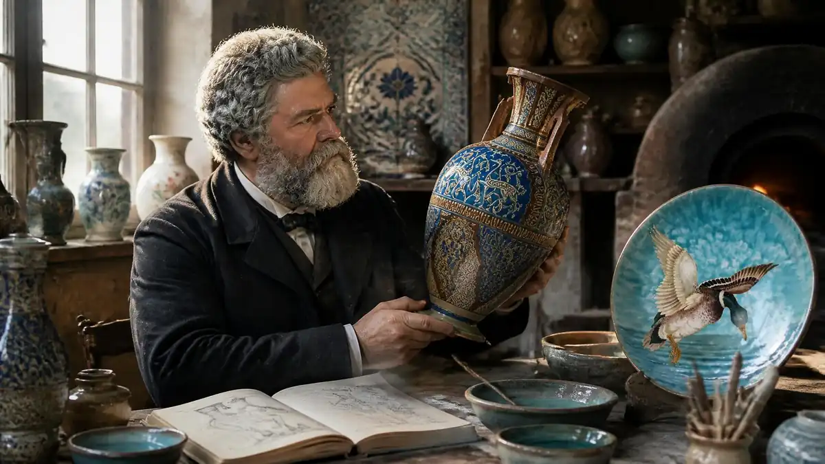 Portrait de Théodore Deck examinant un vase orné dans son atelier rempli de céramiques