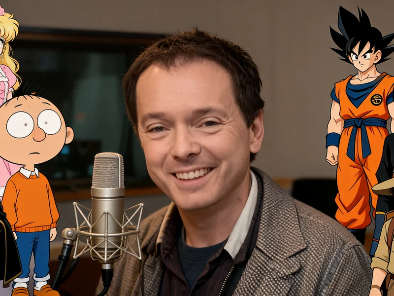 Le comédien Thierry Bourdon souriant devant un micro, entouré de plusieurs personnages de dessins animés qu'il a doublés