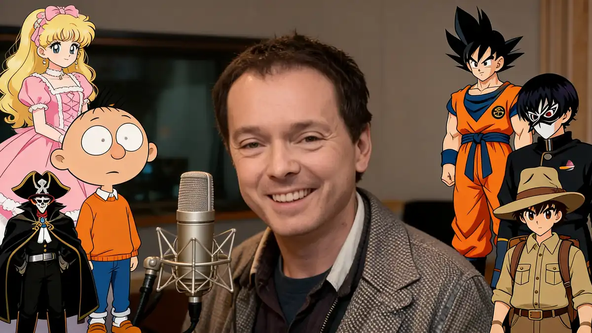 Le comédien Thierry Bourdon souriant devant un micro, entouré de plusieurs personnages de dessins animés qu'il a doublés