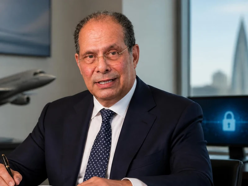 Portrait de Thierry Dassault en costume à son bureau avec une maquette d'avion en arrière-plan