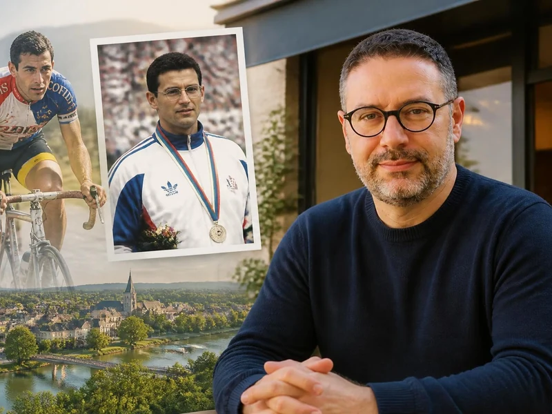 Portrait actuel de Thierry Laurent accompagné d'images d'archives de sa carrière de cycliste professionnel
