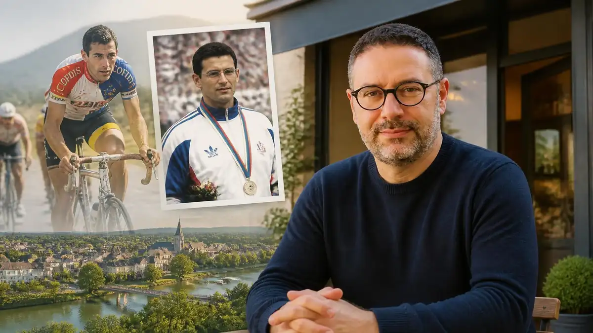 Portrait actuel de Thierry Laurent accompagné d'images d'archives de sa carrière de cycliste professionnel