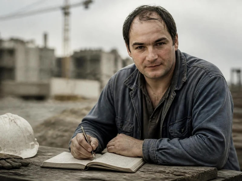 Portrait du poète Thierry Metz écrivant sur un chantier avec son casque et ses gants à côté de lui