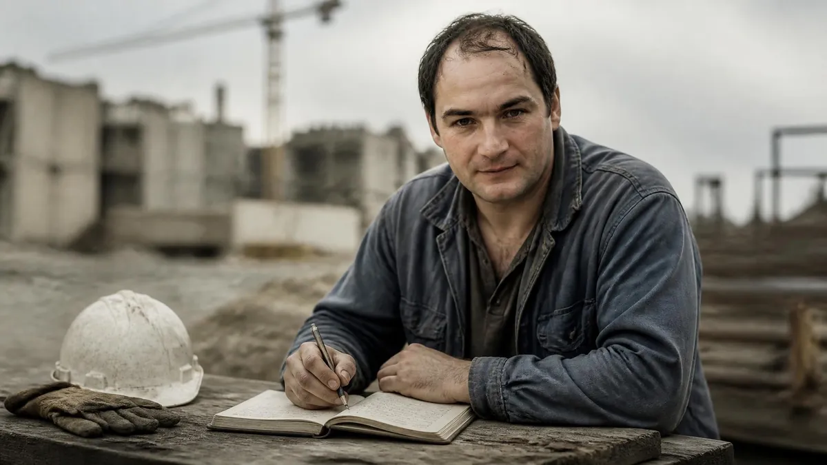 Portrait du poète Thierry Metz écrivant sur un chantier avec son casque et ses gants à côté de lui