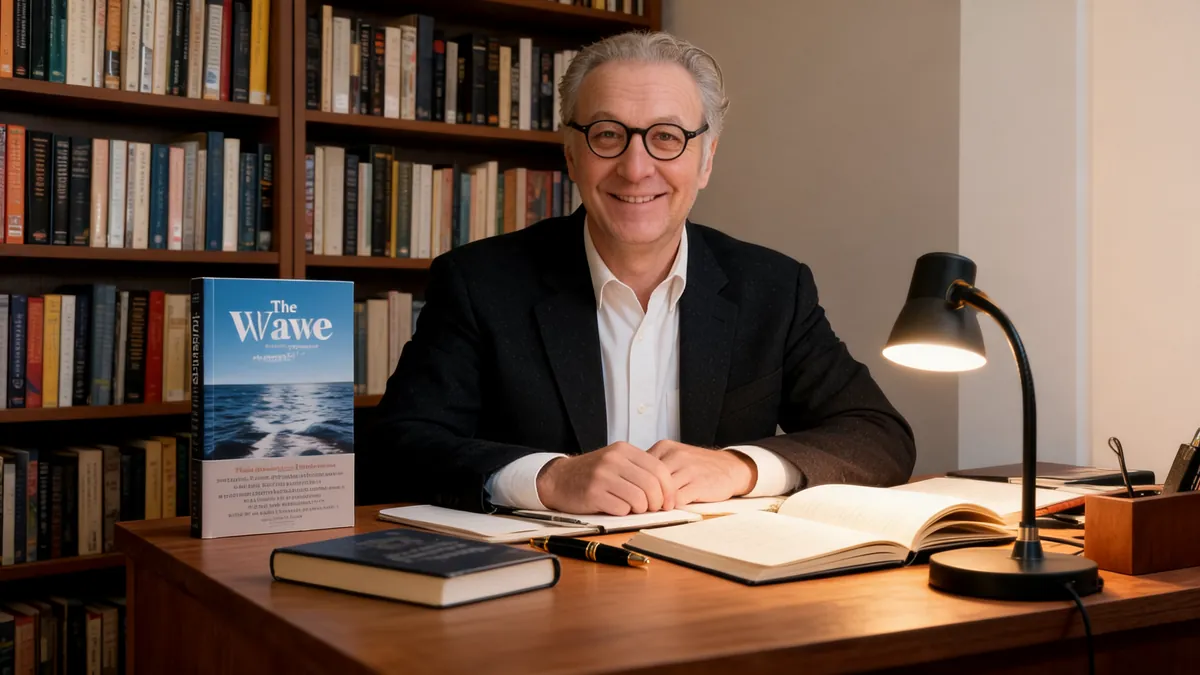 Portrait de l'écrivain Todd Strasser souriant à son bureau devant une bibliothèque remplie de livres