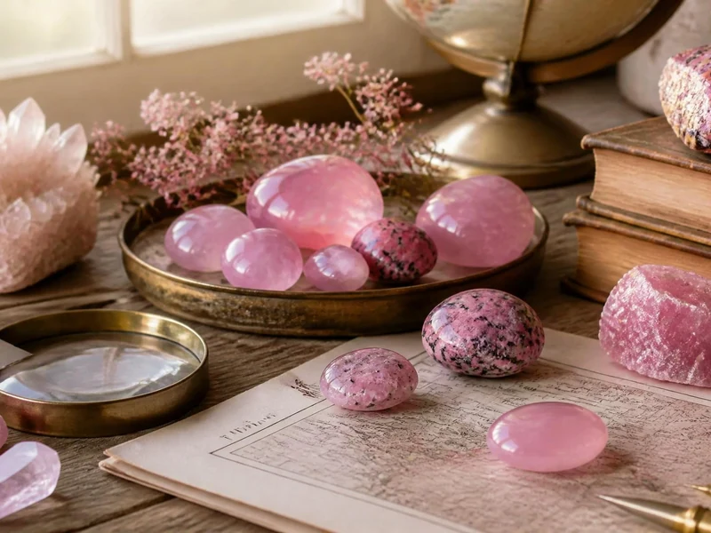 Plusieurs spécimens de pierre rose sont disposés sur une table en bois près d'une loupe et de vieux livres