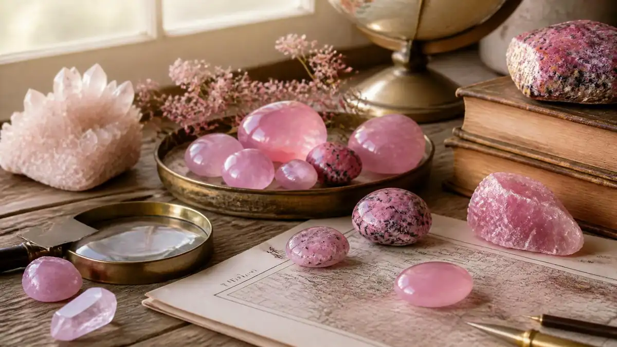Plusieurs spécimens de pierre rose sont disposés sur une table en bois près d'une loupe et de vieux livres
