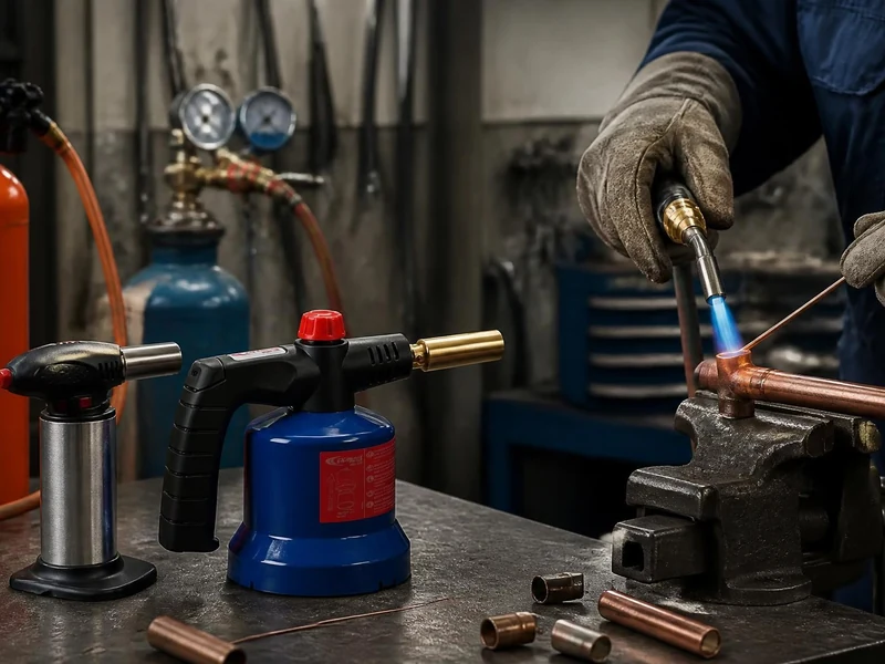 Un artisan utilise un chalumeau pour souder des tuyaux en cuivre dans son atelier