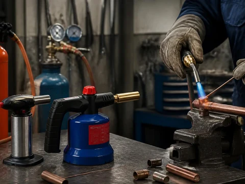 Un artisan utilise un chalumeau pour souder des tuyaux en cuivre dans son atelier