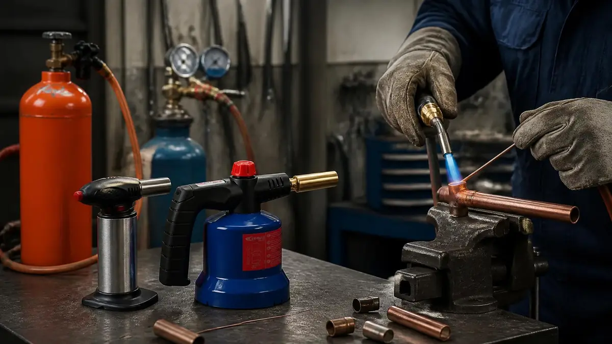 Un artisan utilise un chalumeau pour souder des tuyaux en cuivre dans son atelier