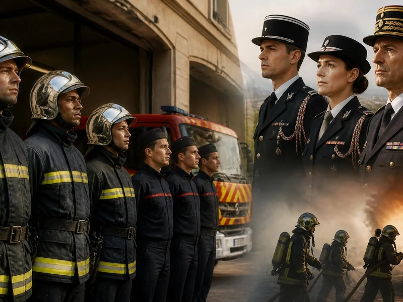 Composition montrant des pompiers grades et tenues différents devant un camion et en intervention avec la tour Eiffel