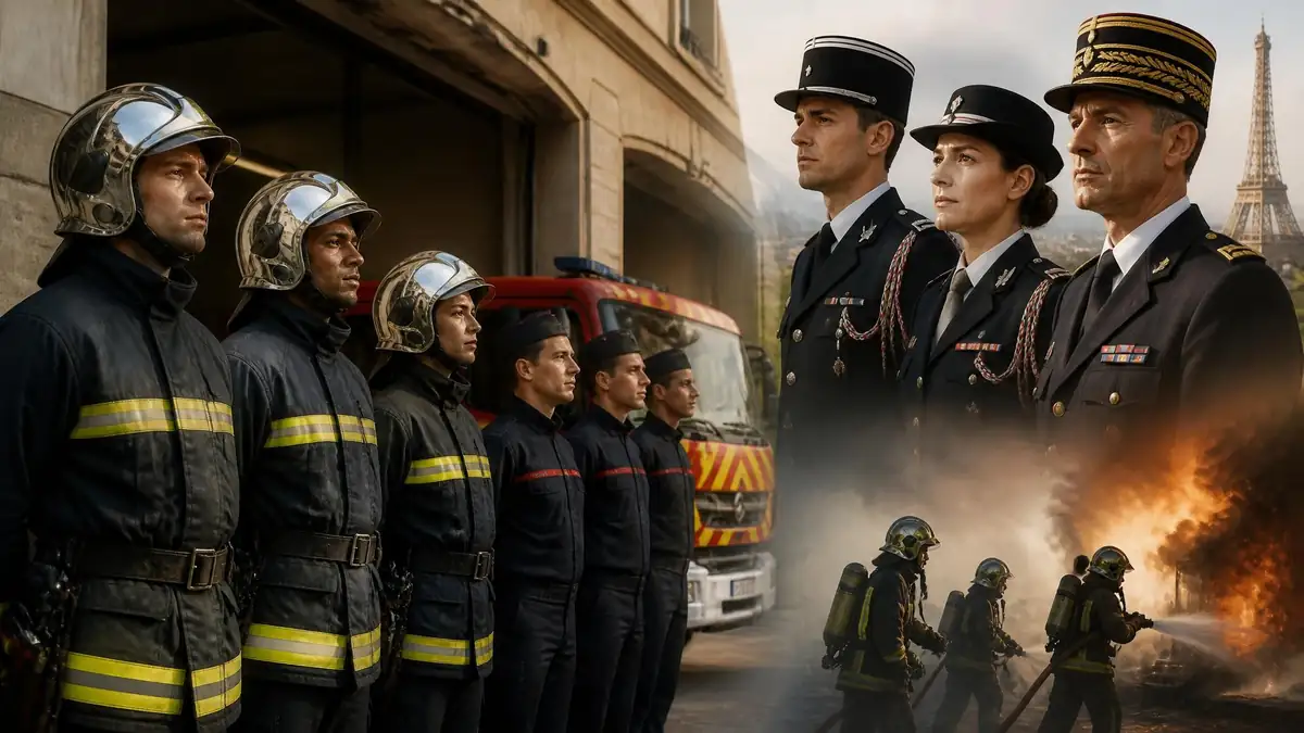 Composition montrant des pompiers grades et tenues différents devant un camion et en intervention avec la tour Eiffel