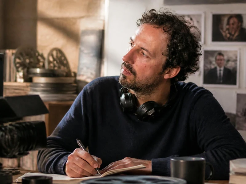 Le réalisateur Tristan Séguéla travaille concentré à son bureau devant un écran et des photos de tournage
