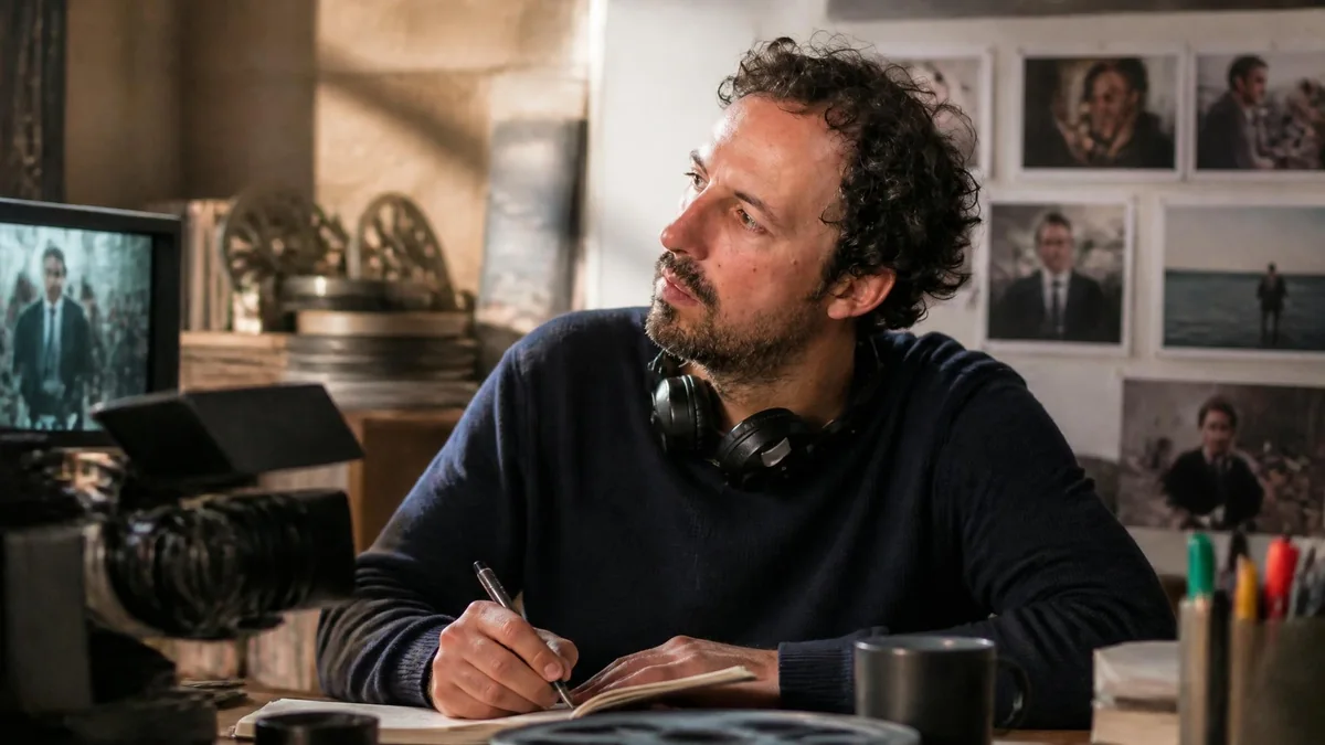 Le réalisateur Tristan Séguéla travaille concentré à son bureau devant un écran et des photos de tournage