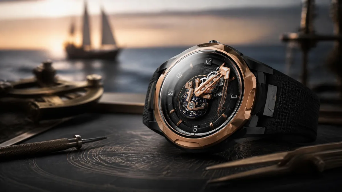 Montre de luxe Ulysse Nardin posée sur une carte marine ancienne avec un voilier en arrière-plan