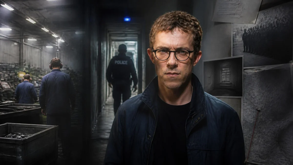 Portrait du journaliste d'investigation Valentin Gendrot sur fond d'ambiance sombre et immersive