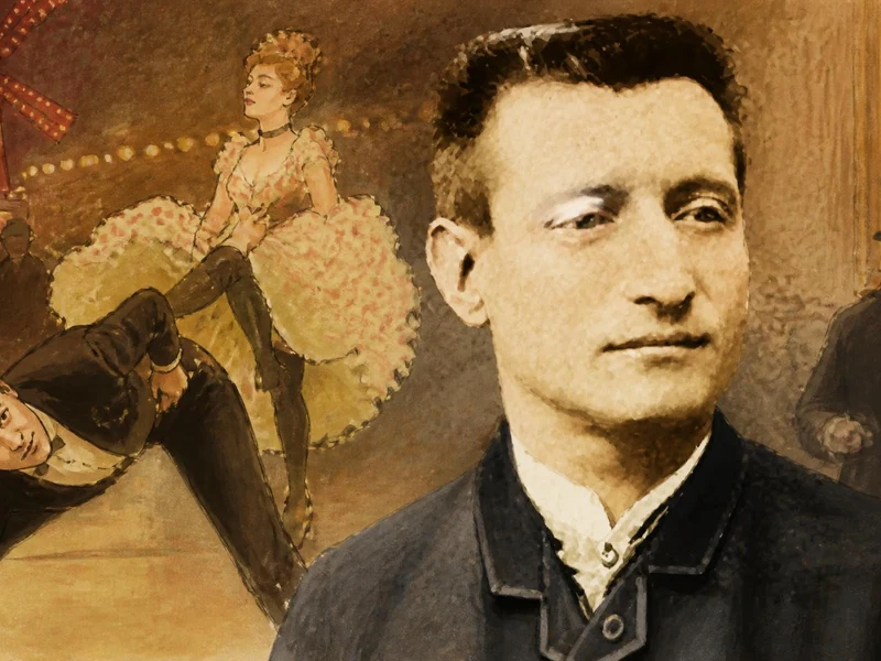 Portrait illustré de Valentin le Désossé avec en arrière-plan une scène de danse au Moulin Rouge