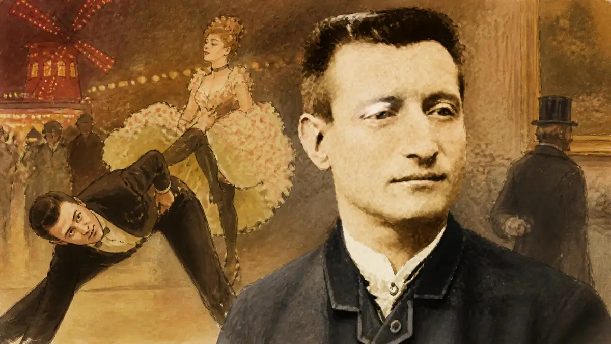 Portrait illustré de Valentin le Désossé avec en arrière-plan une scène de danse au Moulin Rouge