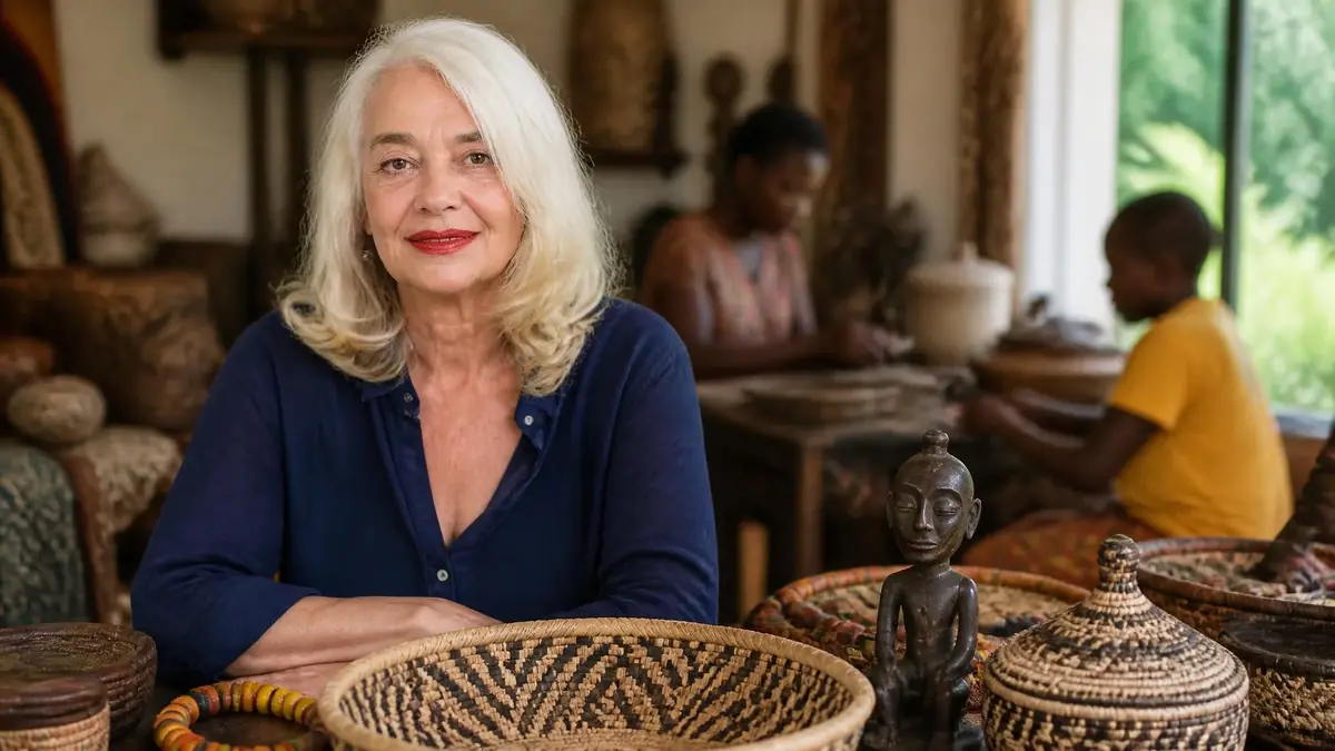 Portrait de Valérie Schlumberger entourée d'objets artisanaux et de personnes travaillant en arrière-plan