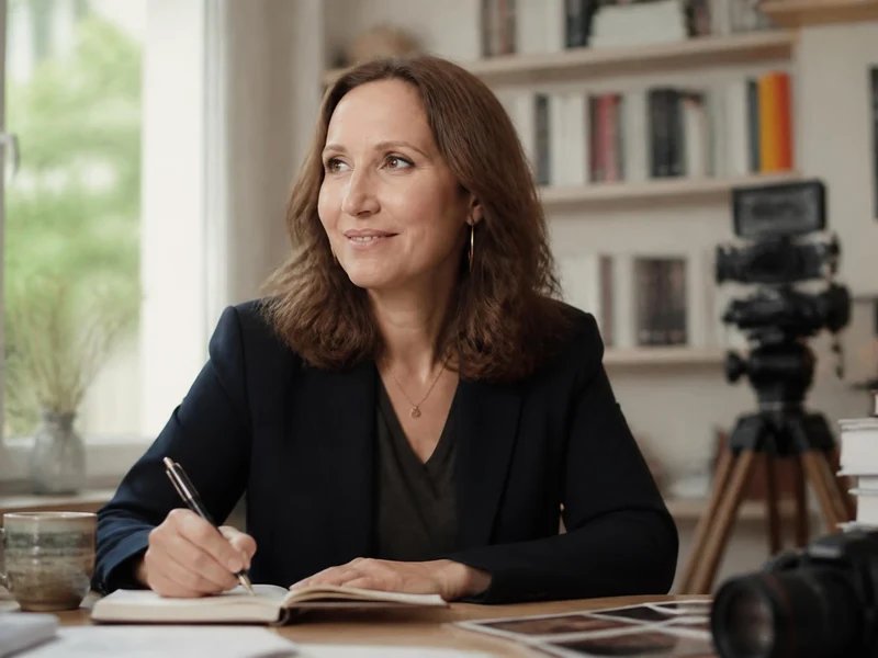 Vanessa Caffin écrit dans son bureau lumineux avec une bibliothèque et du matériel de tournage en arrière-plan